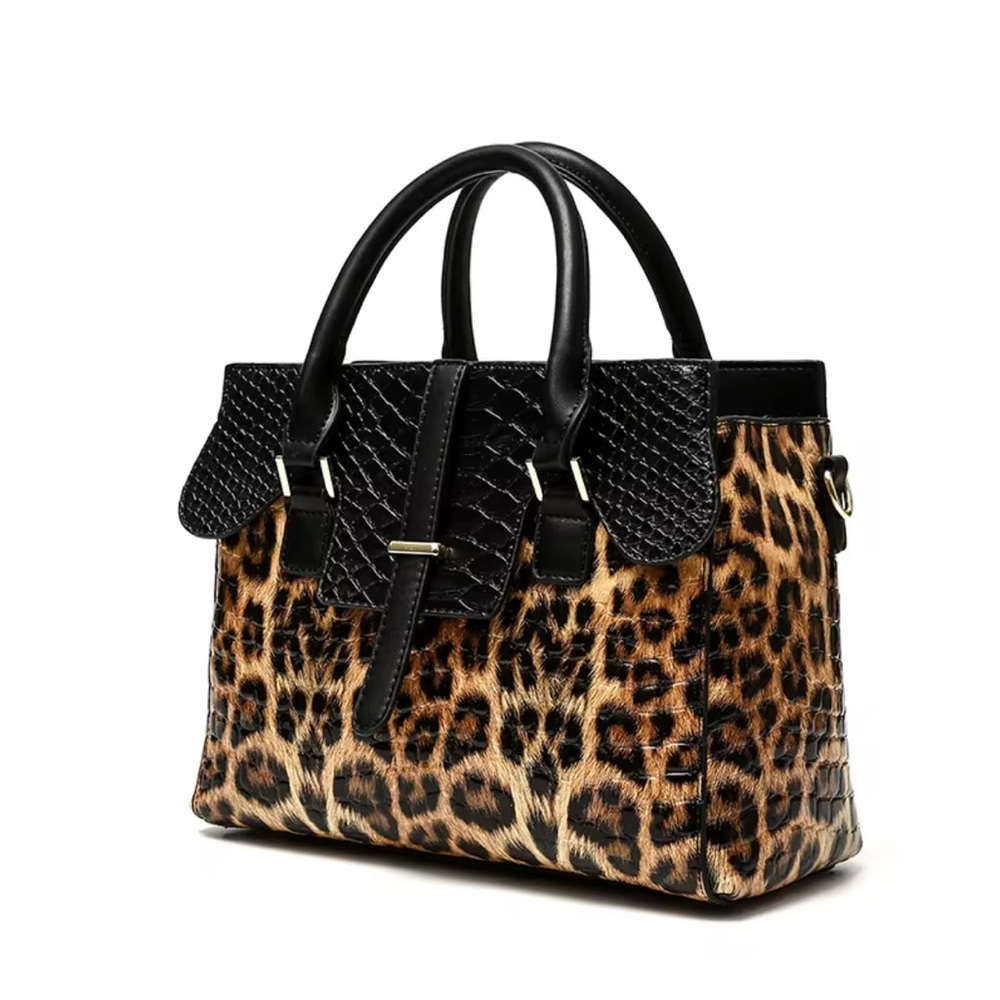 Leopard Print Handbag with Black Accents